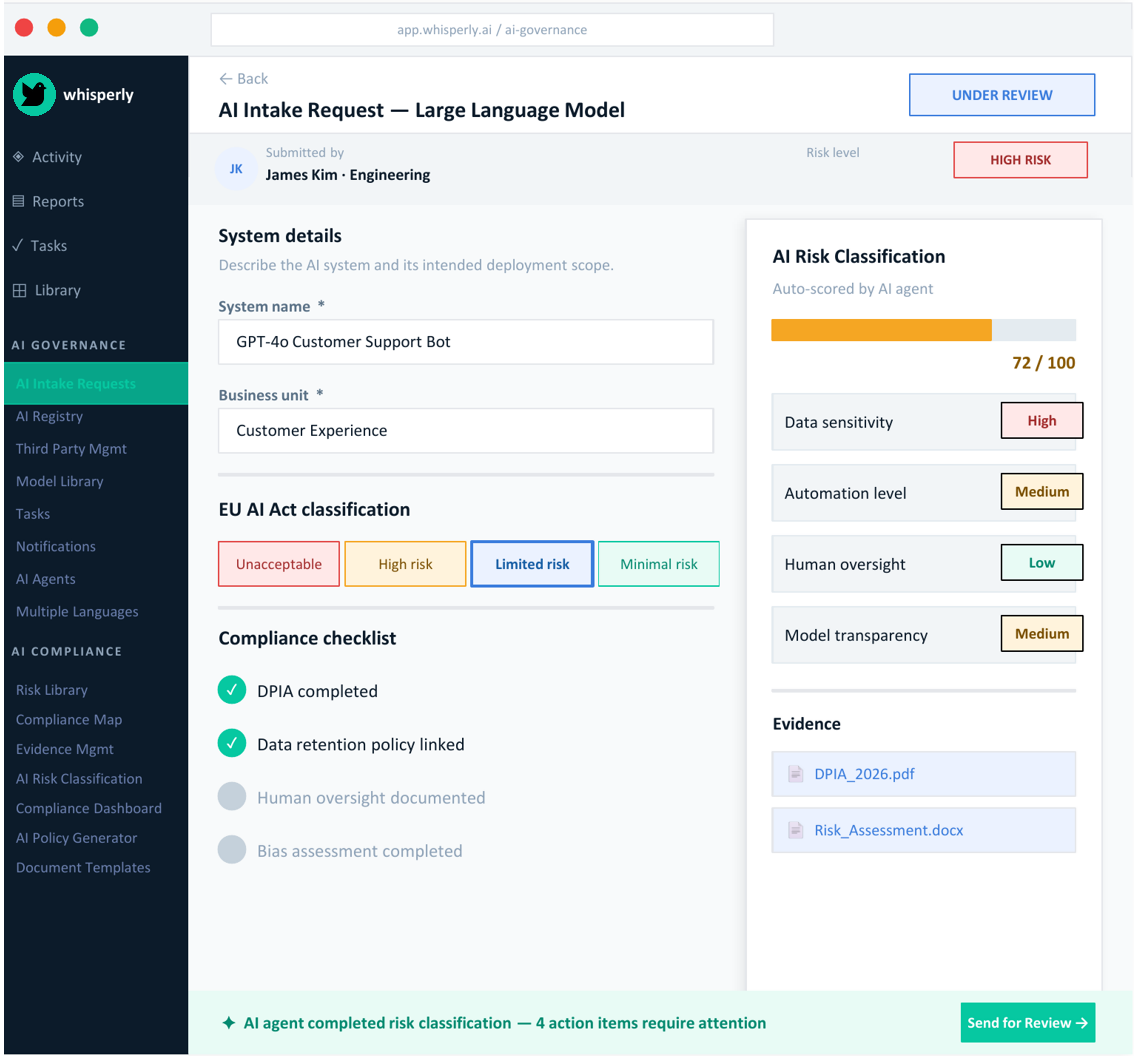 Whisperly: AI system intake with automatic risk classification